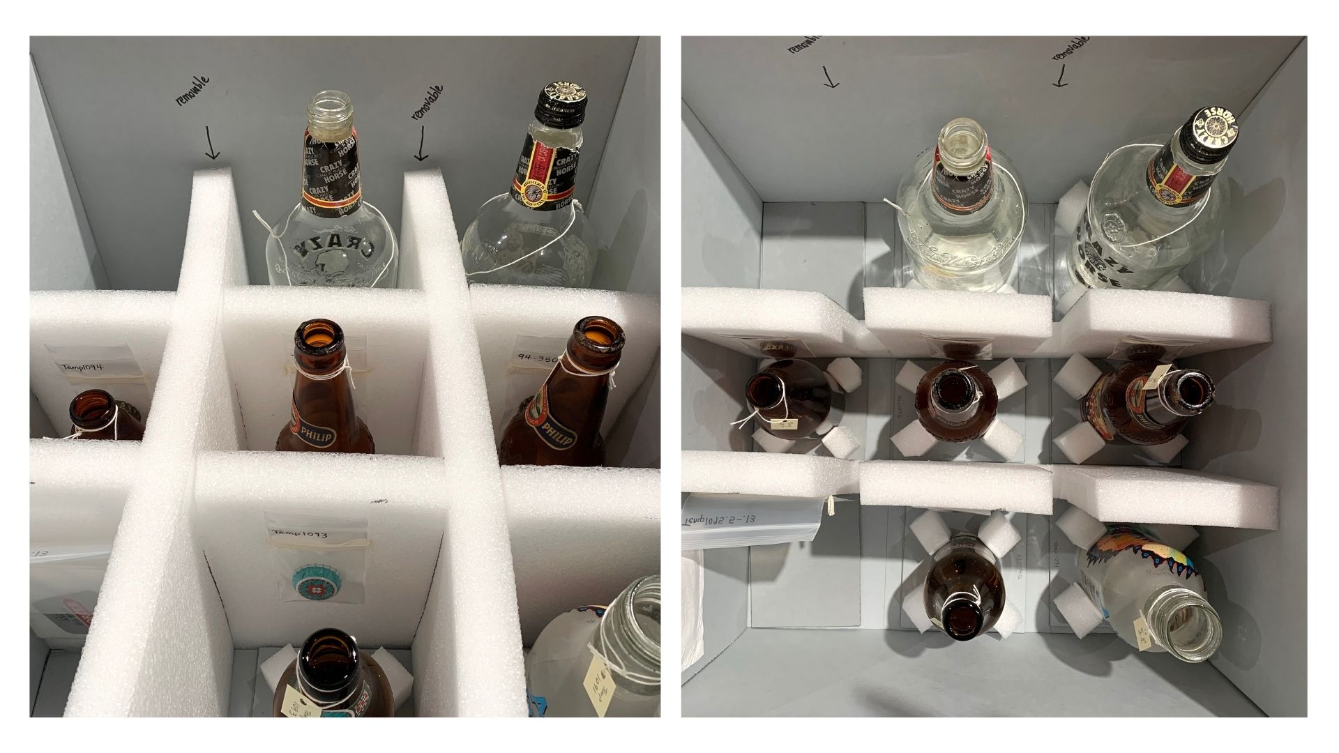 Two sideb-by-side photos of antique beer bottles in an archival box, separated with a foam grid.