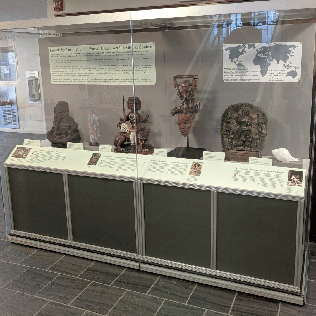 Photo of satellite case in the Campus Center with the Indian Art class-exhibit on display.